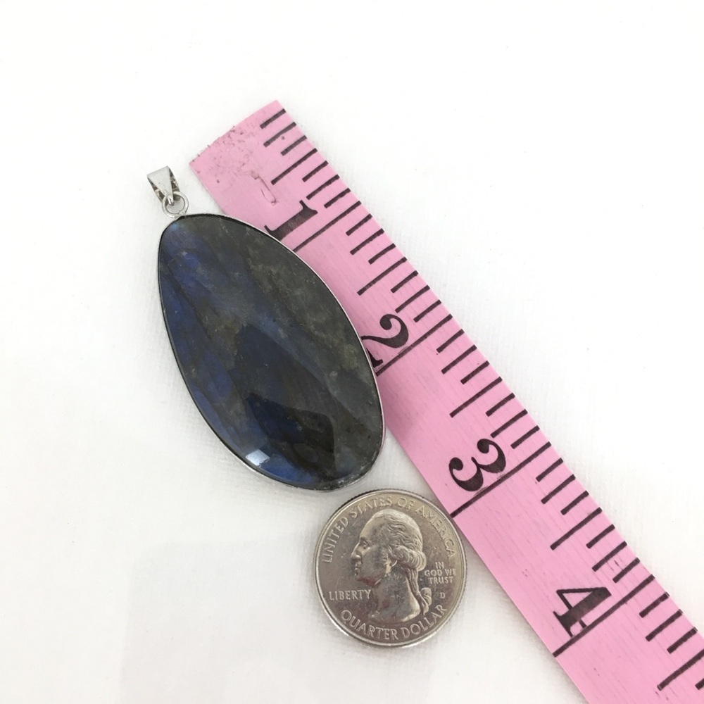 Labradorite Blue Green Flash Large Pendant Oval Natural Stone Silver Metal Wrap - Picture 11 of 14